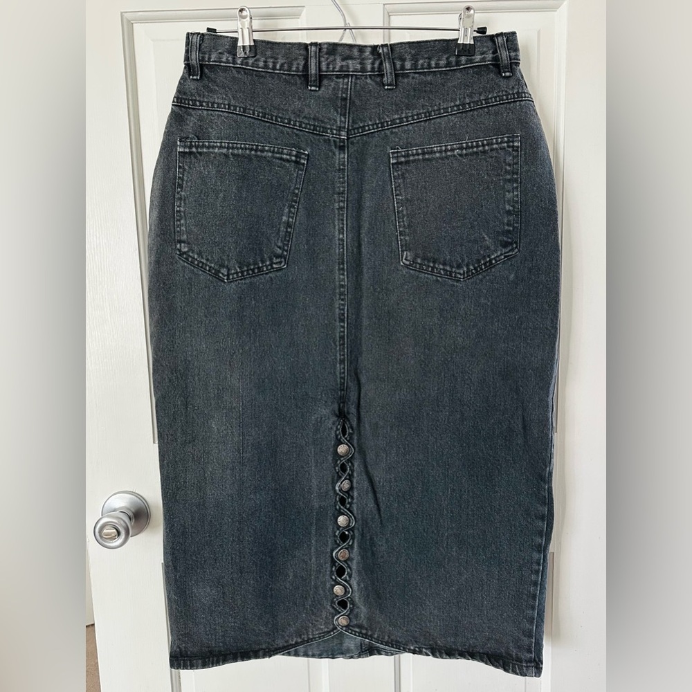 Vintage Baccini Black Denim Midi Skirt with Curvy Snap Slit Size 14 Large